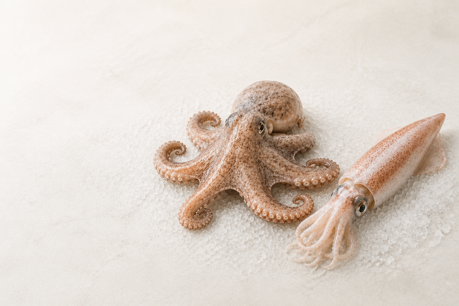 Pulpo y calamar sobre hielo en una composición editorial ilustrativa
